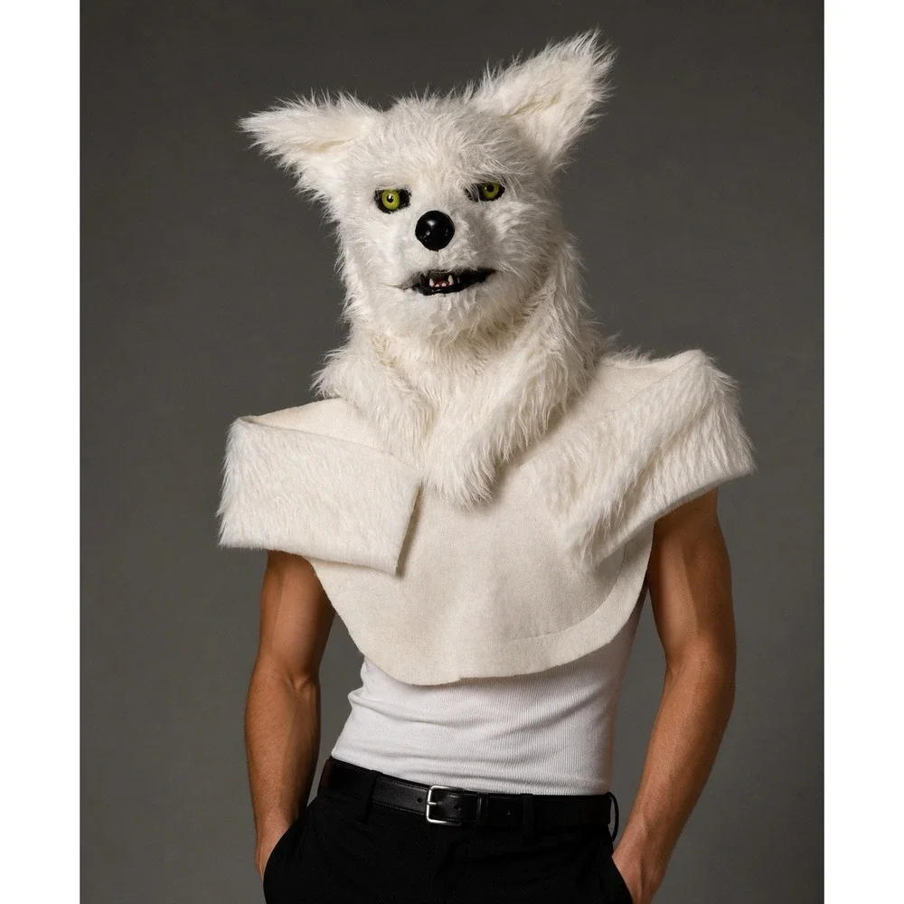 White Wolf Fox Fur Moving Mouth Mask Halloween